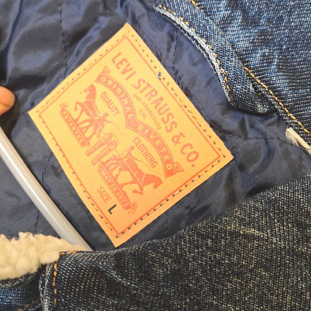 Levi’s Pieced Sherpa EX BF Jacket Women’s Large Denim Teddy Trucker